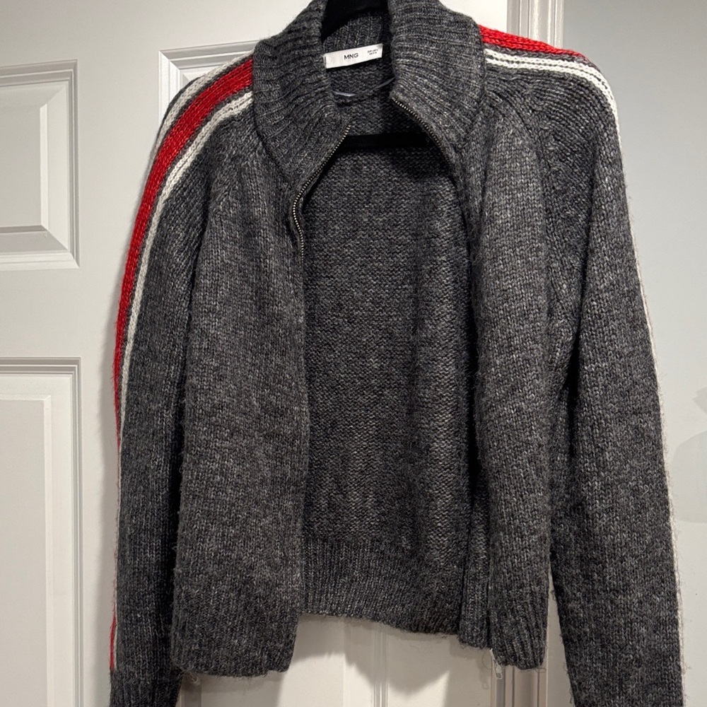 Mango Gray Cardigan with Red and White Stripes
